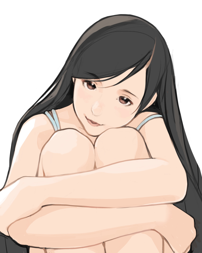 absurdres black_hair closed_mouth commentary_request female head_on_knee head_rest head_tilt highres hugging_own_legs long_hair looking_at_viewer luimiart original simple_background smile solo white_background