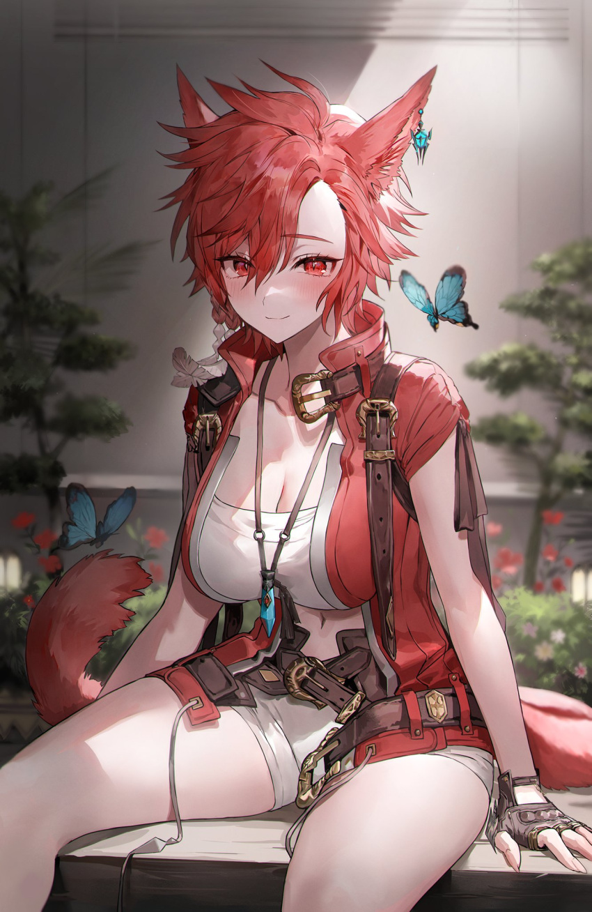 animal_ears belt blush breasts brown_gloves bug butterfly cat_ears cat_tail cleavage clothing_cutout crystal earrings feathers female final_fantasy final_fantasy_xiv fingerless_gloves fingernails flower gloves hair_between_eyes highres jewelry large_breasts long_fingernails miqo'te muaooooo navel navel_cutout necklace plant red_eyes red_flower red_fur red_hair red_shirt red_tail sharp_fingernails shirt shorts single_earring sitting slit_pupils smile solo tail thighs tree warrior_of_light_(ff14) whistle whistle_around_neck white_shorts