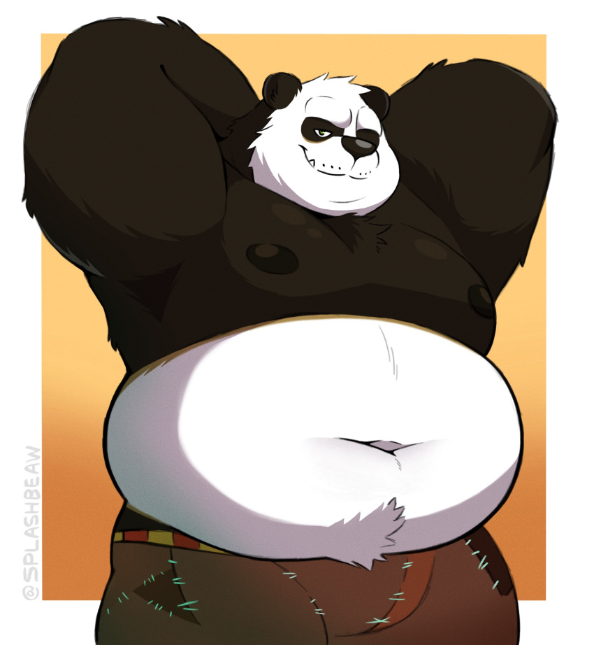 anthro bear belly bottomwear clothing dreamworks giant_panda green_eyes hi_res kung_fu_panda looking_at_viewer male mammal master_po_ping overweight overweight_anthro overweight_male pants pose slightly_chubby slightly_chubby_male smile solo splashburr teeth ursine