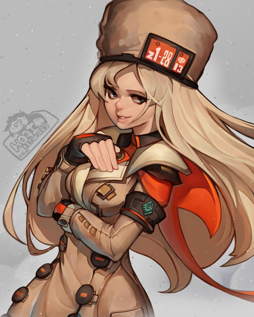 blonde_hair blue_eyes brown_coat coat female fur_hat guilty_gear guilty_gear_strive hat highres hoai_vu long_hair looking_at_viewer millia_rage ushanka