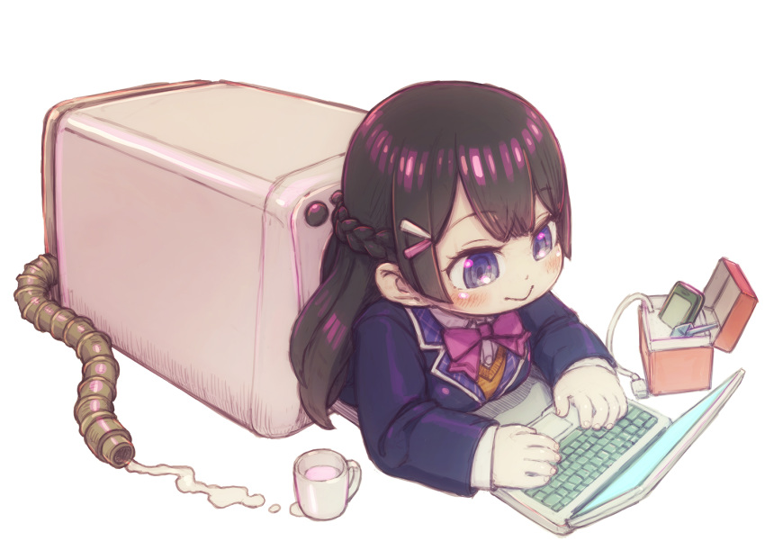 :> black_hair blush bow bowtie braid cellphone chibi collared_shirt computer female feral_lemma fingernails french_braid from_side holding in_washing_machine jacket laptop long_hair long_sleeves nijisanji phone photoshop_(medium) pink_bow pink_bowtie purple_eyes purple_jacket shirt simple_background smartphone smile solo top-load_washing_machine tsukino_mito tsukino_mito_(1st_costume) vest virtual_youtuber washing_machine white_background white_shirt wing_collar