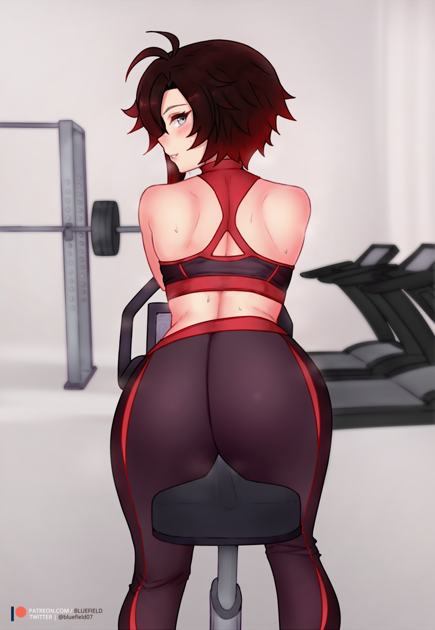 artist_name ass back bare_shoulders black_hair black_sports_bra bluefield blush exercise_bike exercising female from_behind gradient_hair gym highres leggings lips looking_at_viewer looking_back multicolored_hair patreon_logo patreon_username red_hair ruby_rose rwby short_hair sitting smile solo sports_bra sweat thighs twitter_username two-tone_hair