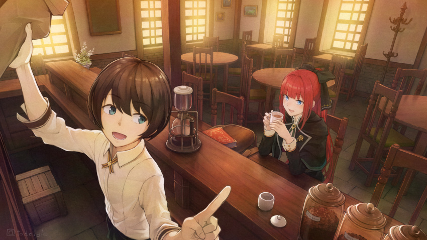 1boy :d artist_name black_bow blue_eyes book bow box brown_hair chair coat_rack coffee coffee_mug cup dararito female hairbow highres holding holding_cup houkago_wa_isekai_kissa_de_coffee_wo index_finger_raised indoors linaria_(isekai_coffee) long_hair long_sleeves mug open_mouth red_hair smile standing table yu_(isekai_coffee)