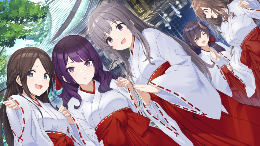 5girls :d ^_^ blue_eyes braid breasts brown_hair closed_eyes commentary_request day diagonal_bangs dutch_angle eyes_visible_through_hair hair_over_one_eye hakama hakama_skirt highres idolmaster idolmaster_shiny_colors japanese_clothes kimono l'antica_(idolmaster) long_hair long_sleeves miko mitsumine_yuika multiple_girls o_(rakkasei) open_mouth outdoors own_hands_together palms_together parted_bangs parted_lips profile purple_eyes purple_hair red_hakama ribbon-trimmed_sleeves ribbon_trim shide shirase_sakuya shrine skirt sleeves_past_wrists small_breasts smile tanaka_mamimi tsukioka_kogane white_kimono wide_sleeves yukoku_kiriko