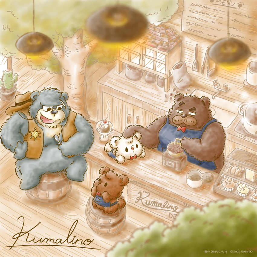 1:1 2022 absurd_res anthro apron bear black_body bow_tie brew_(kumalino) brown_body clothing cowboy_hat detailed_background dot_eyes drip_(kumalino) group hat headgear headwear hi_res inside kemono kumalino male mammal official_art plant polar_bear roast_(kumalino) sanrio scar sitting slightly_chubby syrup_(kumalino) tree unknown_artist ursine white_body