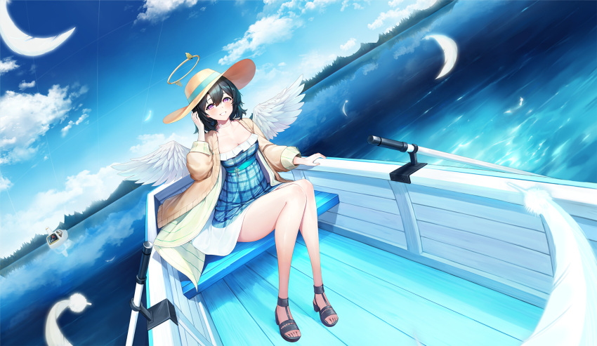 3girls angel_(last_origin) angel_wings azazel_(last_origin) binoculars black_hair blue_dress blue_sky blush boat breasts cardigan choker cleavage day dress dutch_angle feathers full_body game_cg hair_between_eyes halo hat high_heels highres jam_(nandade) last_origin multiple_girls official_alternate_costume official_art outdoors pov purple_eyes saraqael_(last_origin) short_hair sky solo_focus sun_hat third-party_source virtual_reality water watercraft when_you_see_it wings