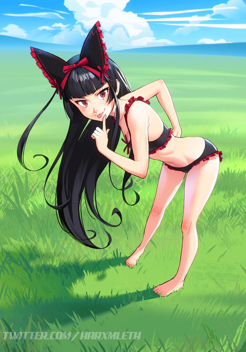 :p absurdres bare_arms bare_legs bare_shoulders barefoot black_hair blue_sky blunt_bangs bow breasts cloud commentary commission day english_commentary female finger_to_mouth frilled_bow frills full_body gate_-_jieitai_ka_no_chi_nite_kaku_tatakaeri grass hairbow hand_on_own_hip highres large_breasts leaning_forward long_hair looking_at_viewer mleth outdoors red_eyes rory_mercury sky smile solo tongue tongue_out twitter_username underwear underwear_only very_long_hair