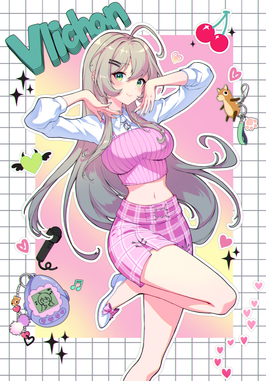 absurdres ahoge breasts character_name closed_mouth collared_shirt female green_eyes grey_hair hands_up highres knee_up long_hair looking_at_viewer medium_breasts minj_kim navel pink_skirt shirt skirt smile solo viichan virtual_youtuber waktaverse white_footwear white_shirt