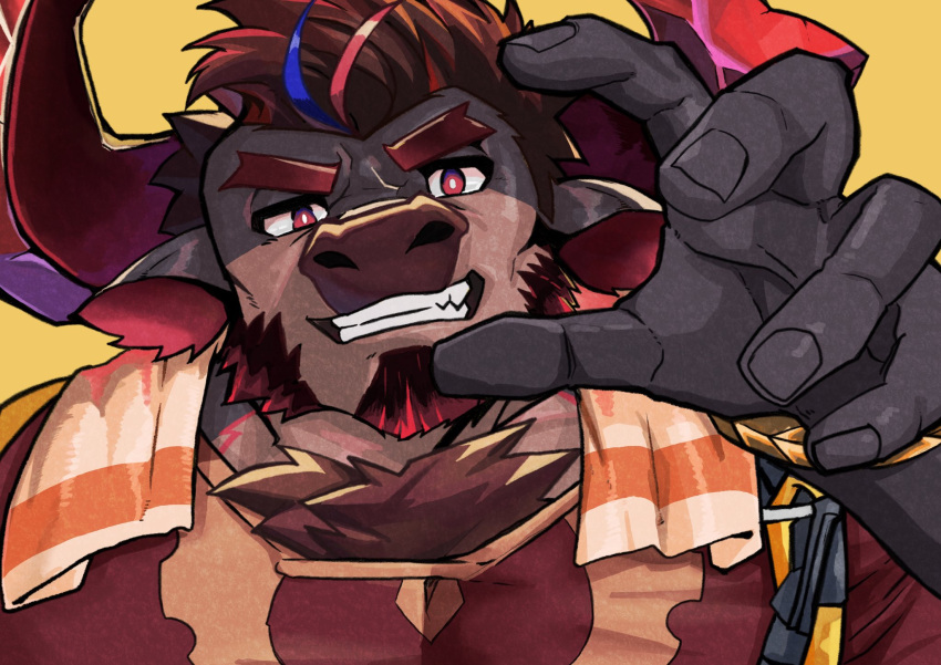 anthro body_hair bovid bovine brown_body brown_fur cattle chest_hair eyebrows facial_hair fur hi_res horn lifewonders live_a_hero male mammal mktsm21 muscular muscular_anthro muscular_male obsidius pecs red_eyes solo thick_eyebrows towel