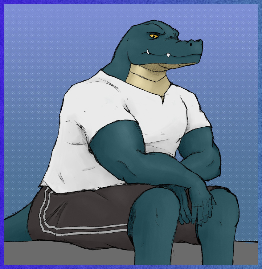 absurd_res anthro bottomwear clothed clothing crocodile crocodilian crocodylid green_body hi_res male marsze5 muscular muscular_anthro muscular_male password_(visual_novel) reptile sal_(password) scalie shirt shorts simple_background sitting solo teeth topwear