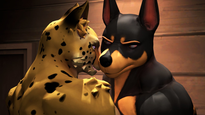 16:9 3d_(artwork) anthro brown_body brown_fur canid canine canis cat_(petruz) cheetah connivingrat countershading digital_media_(artwork) dobermann domestic_dog dominic_pepe_(drboumboom32) duo felid feline fur hi_res humanoid looking_at_another male male/male mammal muscular muscular_male petruz_(copyright) pinscher purple_eyes sharp_teeth source_filmmaker_(artwork) teeth widescreen yellow_body yellow_fur