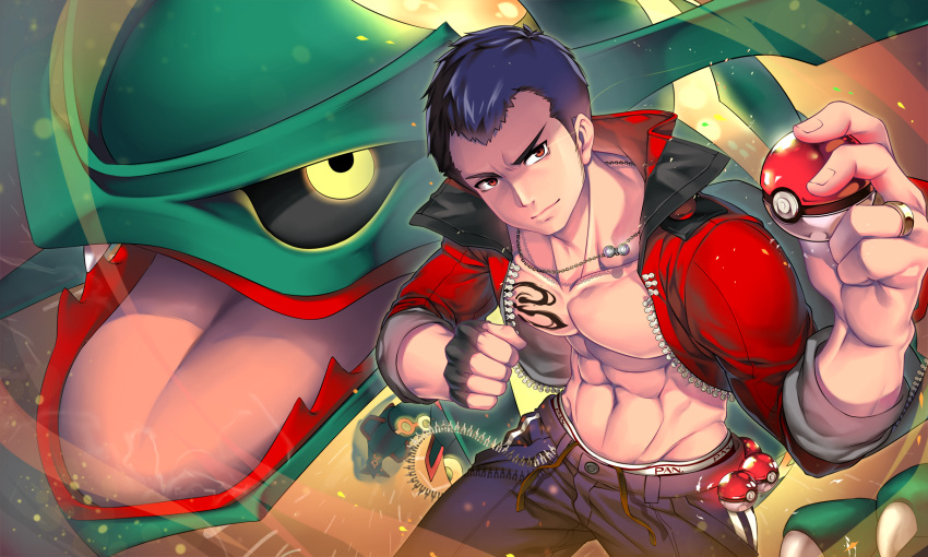 1boy abs alternate_costume arm_up black_gloves black_hair buttons claws closed_mouth commentary fingerless_gloves gloves highres holding holding_poke_ball jacket jewelry kashi_kosugi male_focus muscular muscular_male navel necklace norman_(pokemon) open_clothes open_jacket pants pectorals poke_ball poke_ball_(basic) pokemon pokemon_(creature) pokemon_oras rayquaza red_eyes ring shiny short_hair single_glove smile zipper