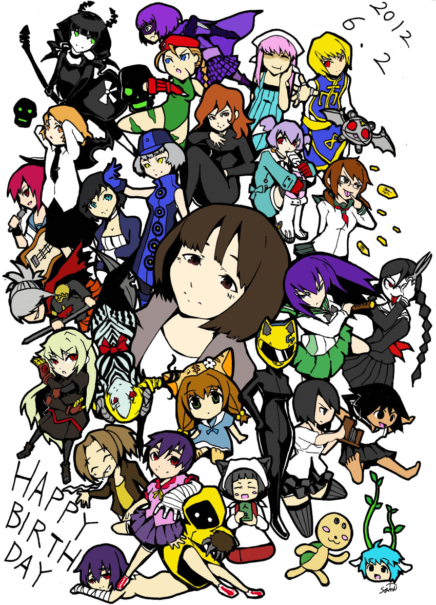 6+girls absurdres bioshock_(series) bioshock_infinite black_hair black_necktie black_skirt blonde_hair blue_gloves blue_hair blush_stickers bow braid brown_eyes brown_hair cammy_white celty_sturluson character_request closed_eyes copyright_request danganronpa_(series) durarara!! elizabeth_(bioshock_infinite) elizabeth_(persona) fukawa_toko genocider_shou gloves green_eyes grey_hair guitar happy_birthday highres hit-girl holding holding_microphone holding_scissors instrument kick-ass light_blue_hair microphone multiple_girls necktie open_mouth persona pink_hair purple_hair purple_skirt red_bow red_eyes sailor_collar samidare_satsuki sawashiro_miyuki school_uniform scissors skirt street_fighter voice_actor_connection yellow_eyes