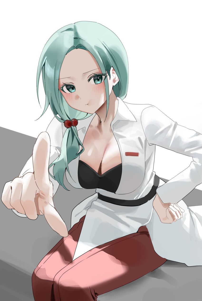 :t absurdres aqua_eyes aqua_hair baegsug belt black_belt black_shirt blue_eyes breasts cleavage coat commentary_request enomoto_noa female forehead hair_bobbles hair_ornament hand_on_own_hip highres korean_commentary large_breasts long_sleeves low_ponytail pants parted_bangs pointing pointing_at_viewer red_pants saibou_shinkyoku shirt side_ponytail sitting solo white_coat