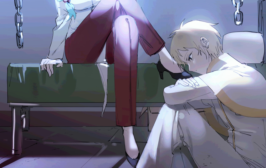 1boy alternate_costume atou_haruki baegsug bed black_eyes black_footwear blank_stare blonde_hair capelet chains closed_mouth commentary_request crossed_arms crossed_legs enomoto_noa female gold_trim head_out_of_frame high_heels highres indoors korean_commentary on_bed pants red_pants saibou_shinkyoku shirt short_hair sitting white_capelet white_pants white_shirt