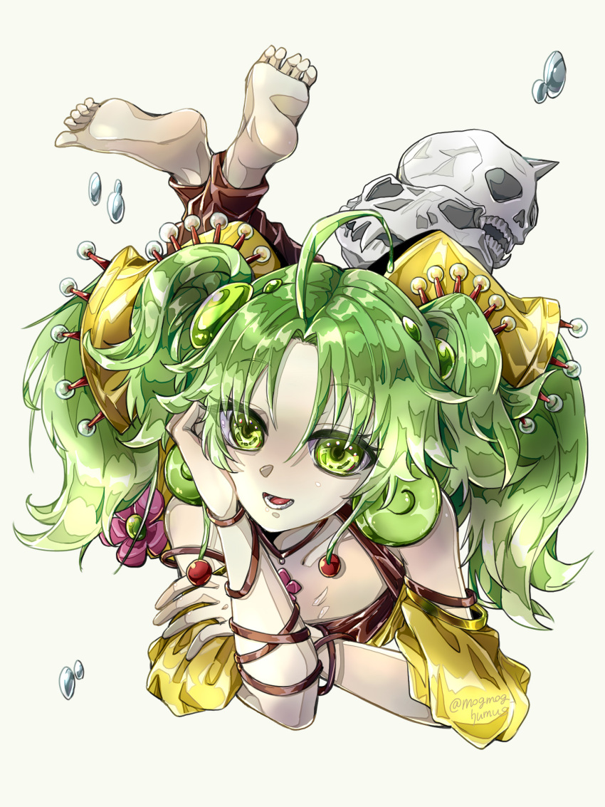 ahoge barefoot brown_leg_warmers duel_monster female green_eyes green_hair hand_on_own_face highres horns lying monster_girl on_stomach open_mouth plant_girl single_horn skull translated traptrix_sera twintails white_background yu-gi-oh! yukitaka_(zzzzz)