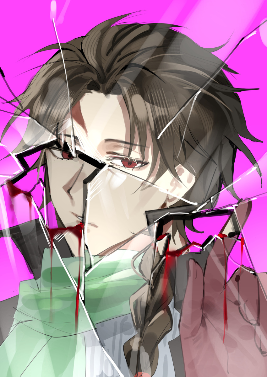 1boy absurdres baegsug black_jacket blood braid broken_glass brown_hair commentary glass green_scarf grey_shirt harada_minoru highres jacket korean_commentary male_focus open_clothes open_jacket parted_bangs pink_background portrait red_eyes saibou_shinkyoku scar scar_on_face scar_on_forehead scarf shirt side_braid single_braid solo split_theme