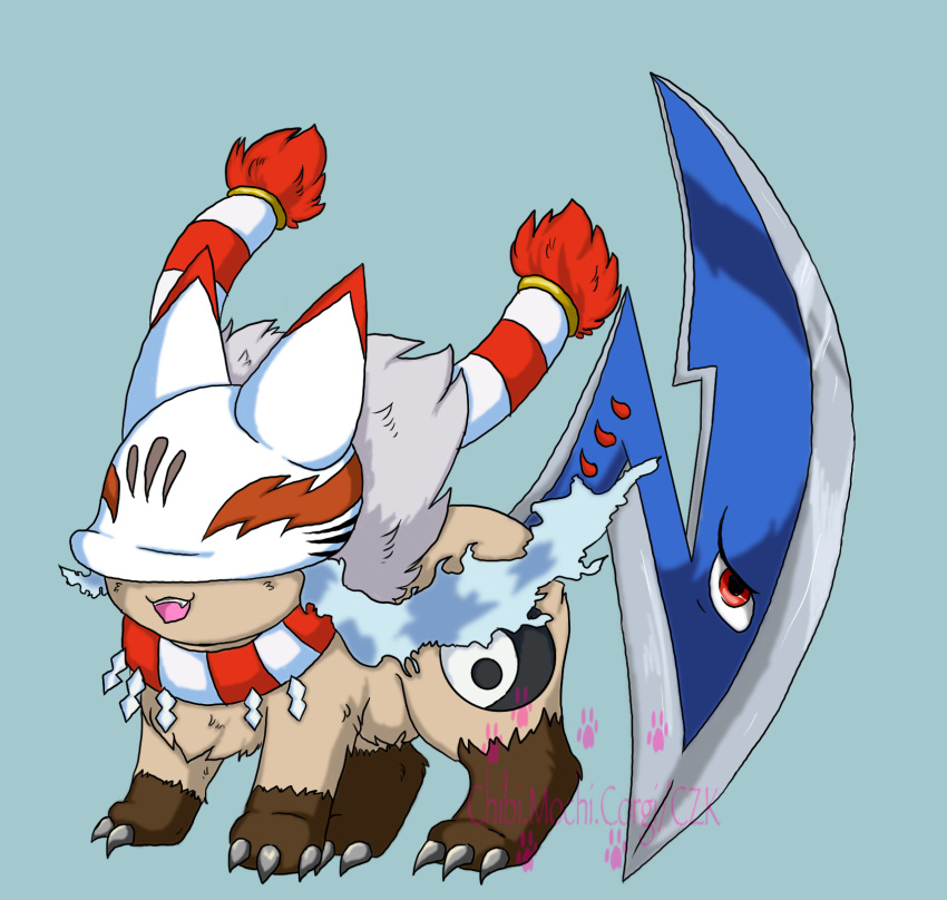 bandai_namco blade brown_body brown_fur chibi.mochi.corgi claws digimon digimon_(species) feral fur hi_res mask reppamon solo standing tail tail_blade weapon_tail yin_yang