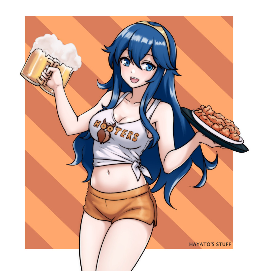 :d beer_mug blue_eyes blue_hair breasts chicken_(food) cleavage cup female fire_emblem fire_emblem_awakening foam food hayato_stuff highres holding holding_cup holding_tray hooters lucina_(fire_emblem) medium_breasts midriff mug navel open_mouth orange_shorts plate shirt short_shorts shorts smile solo stomach symbol-shaped_pupils tank_top tied_shirt tray white_tank_top