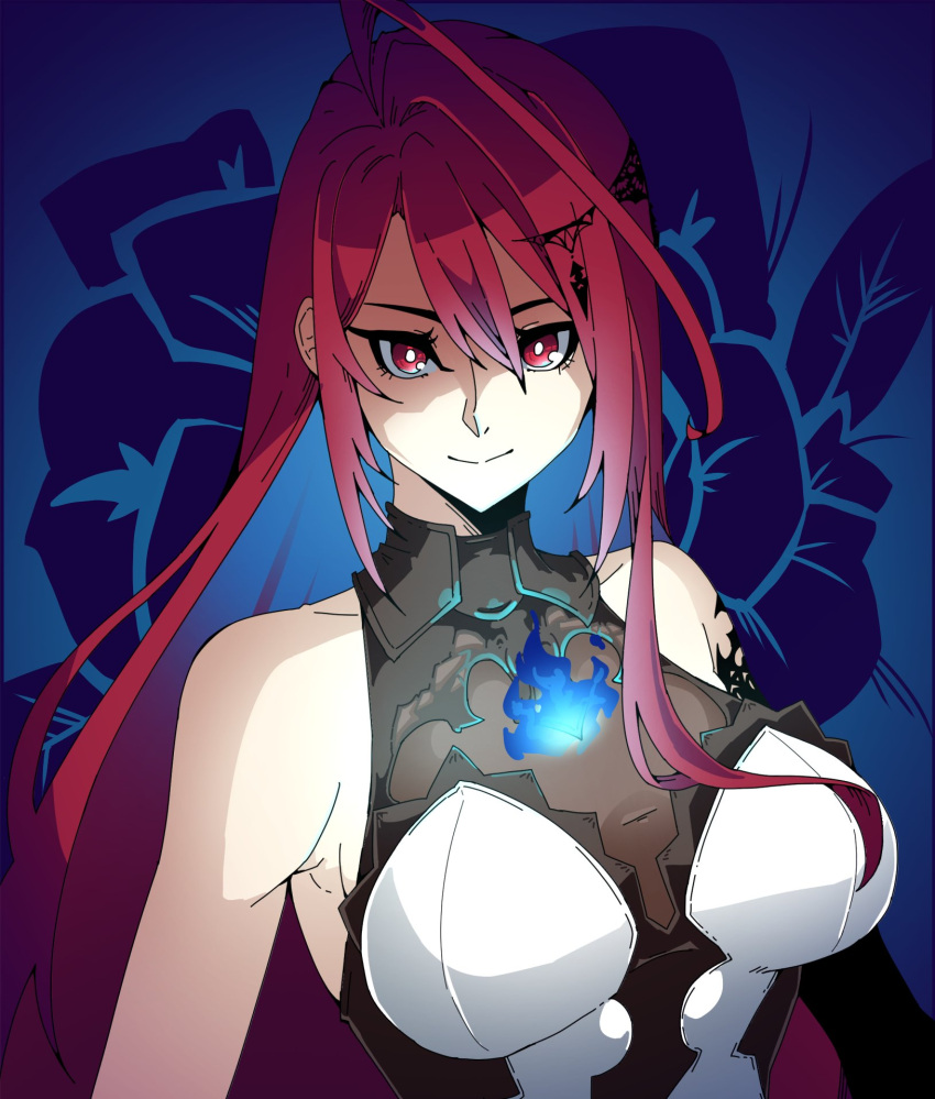 ahoge bare_shoulders blue_fire blue_hair bodystocking breasts bright_pupils colored_inner_hair dress elizabeth_rose_bloodflame fire highres hololive hololive_english joeboto large_breasts long_hair looking_at_viewer multicolored_hair red_eyes red_hair smile two-tone_hair upper_body very_long_hair virtual_youtuber white_dress