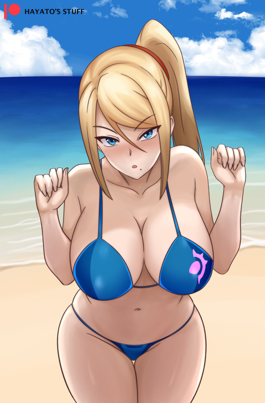 :o absurdres beach bikini blonde_hair blue_bikini blue_eyes blue_sky breasts cloud day female hands_up hayato_stuff high_ponytail highres large_breasts long_hair looking_at_viewer metroid mole mole_under_mouth navel ocean outdoors ponytail samus_aran sky solo stomach swimsuit