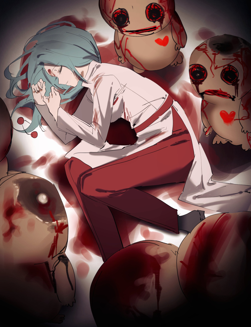 absurdres aqua_hair baegsug belt blood blood_on_clothes blood_on_face closed_eyes closed_mouth coat commentary_request curled_up enomoto_noa female grey_footwear highres korean_commentary long_hair long_sleeves lying on_side pants red_belt red_pants saibou_shinkyoku smile white_coat