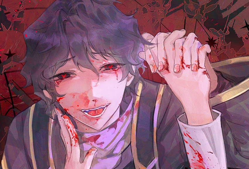 2boys black_eyes black_hair black_jacket blood blood_on_clothes blood_on_hands commentary_request gold_trim hatsutori_hajime heart heart-shaped_pupils holding_hands implied_yaoi jacket korean_commentary male_focus multiple_boys open_mouth red_background red_pupils saibou_shinkyoku shirt short_hair smile solo_focus stole symbol-shaped_pupils temu_(temp_mumu) utsugi_noriyuki white_shirt yandere