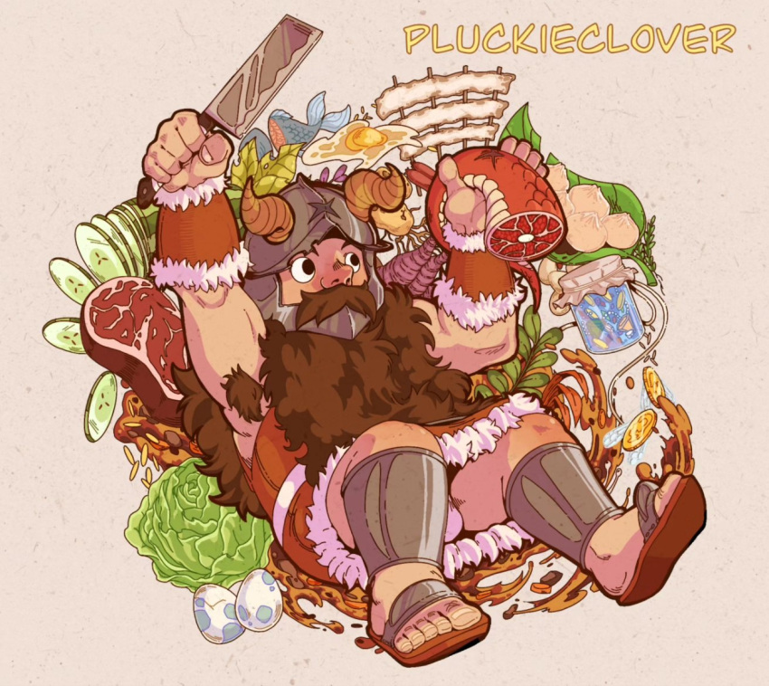 1boy armpits bara beard bulge_peek dungeon_meshi dwarf excessive_armpit_hair facial_hair fake_horns full_body helmet holding holding_knife horned_helmet horns knife loincloth long_beard looking_ahead male_focus meg_(pluckieclover) moustache senshi_(dungeon_meshi) sitting solo thick_mustache toned toned_male very_long_beard