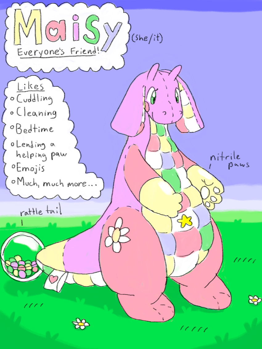 animate_inanimate anthro character_name dragon english_text female hi_res living_plushie mimill3 model_sheet mythological_creature mythological_scalie mythology pawpads plushie plushie_tag pronouns rattle_(anatomy) scalie solo text wingless_dragon