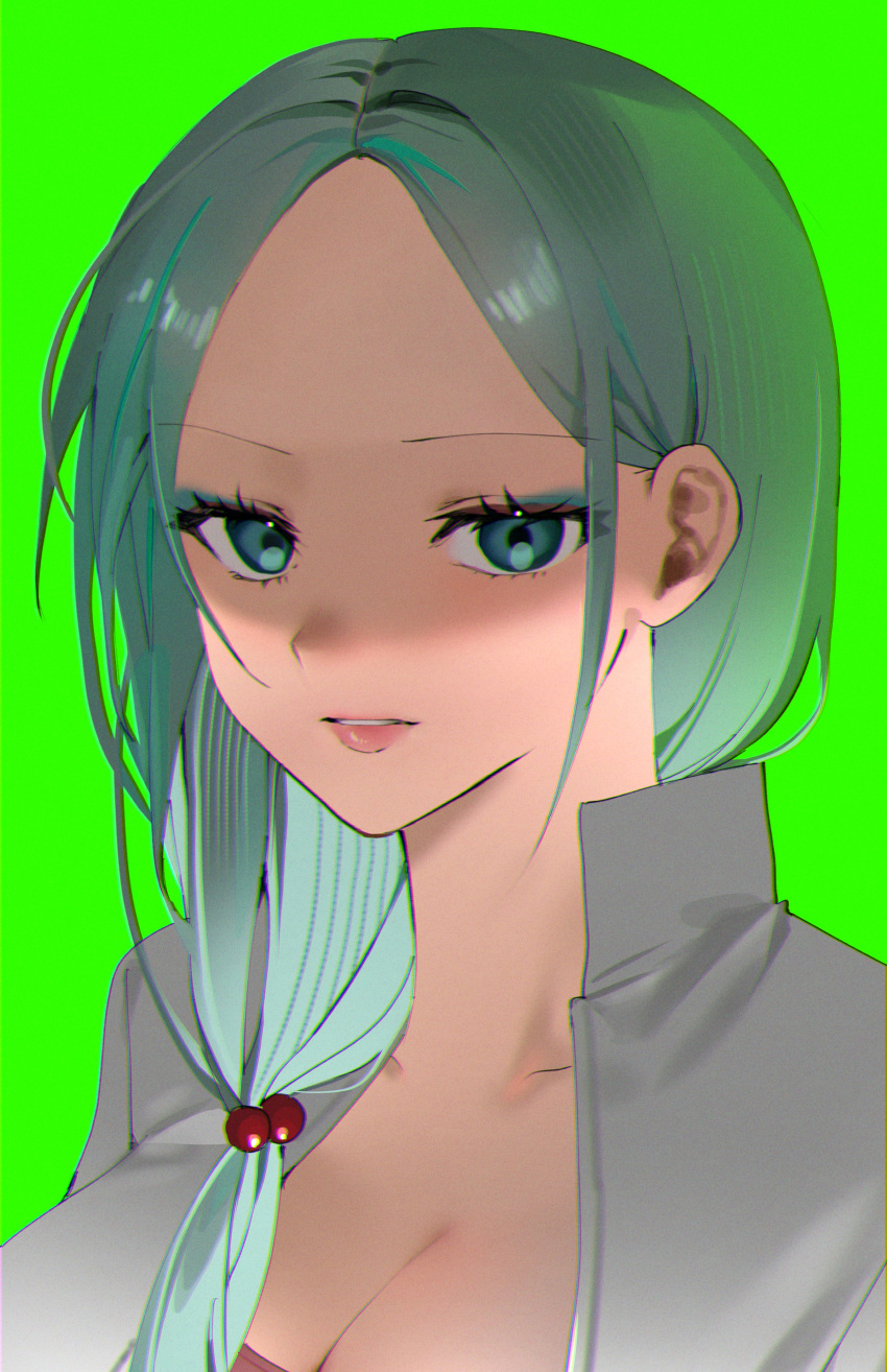 absurdres aqua_eyes aqua_eyeshadow aqua_hair baegsug breasts chromatic_aberration cleavage enomoto_noa eyeshadow female film_grain forehead green_background hair_bobbles hair_ornament hashtag-only_commentary highres jacket low_ponytail makeup open_clothes open_jacket parted_bangs portrait saibou_shinkyoku side_ponytail simple_background solo white_jacket