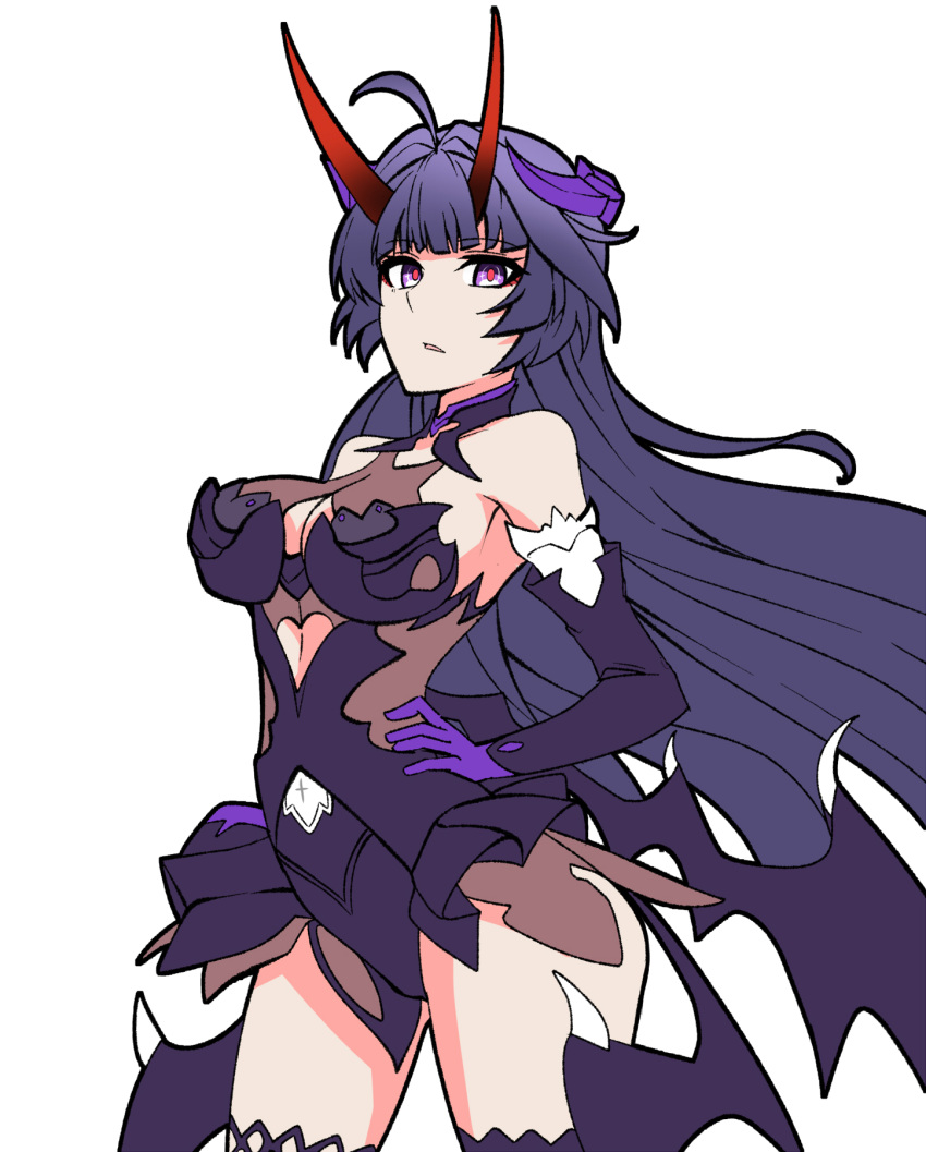 bad_anatomy bare_shoulders black_leotard black_sleeves black_thighhighs breasts cleavage commentary_request detached_sleeves female gloves grey_hair highres honkai_(series) honkai_impact_3rd horns large_breasts leotard long_hair long_sleeves looking_at_viewer nabeiro_kin parted_lips purple_eyes purple_gloves raiden_mei raiden_mei_(eventide_phantom) raiden_mei_(herrscher_of_thunder) raiden_mei_(lightning_empress) red_pupils self_cosplay simple_background solo standing thighhighs very_long_hair white_background