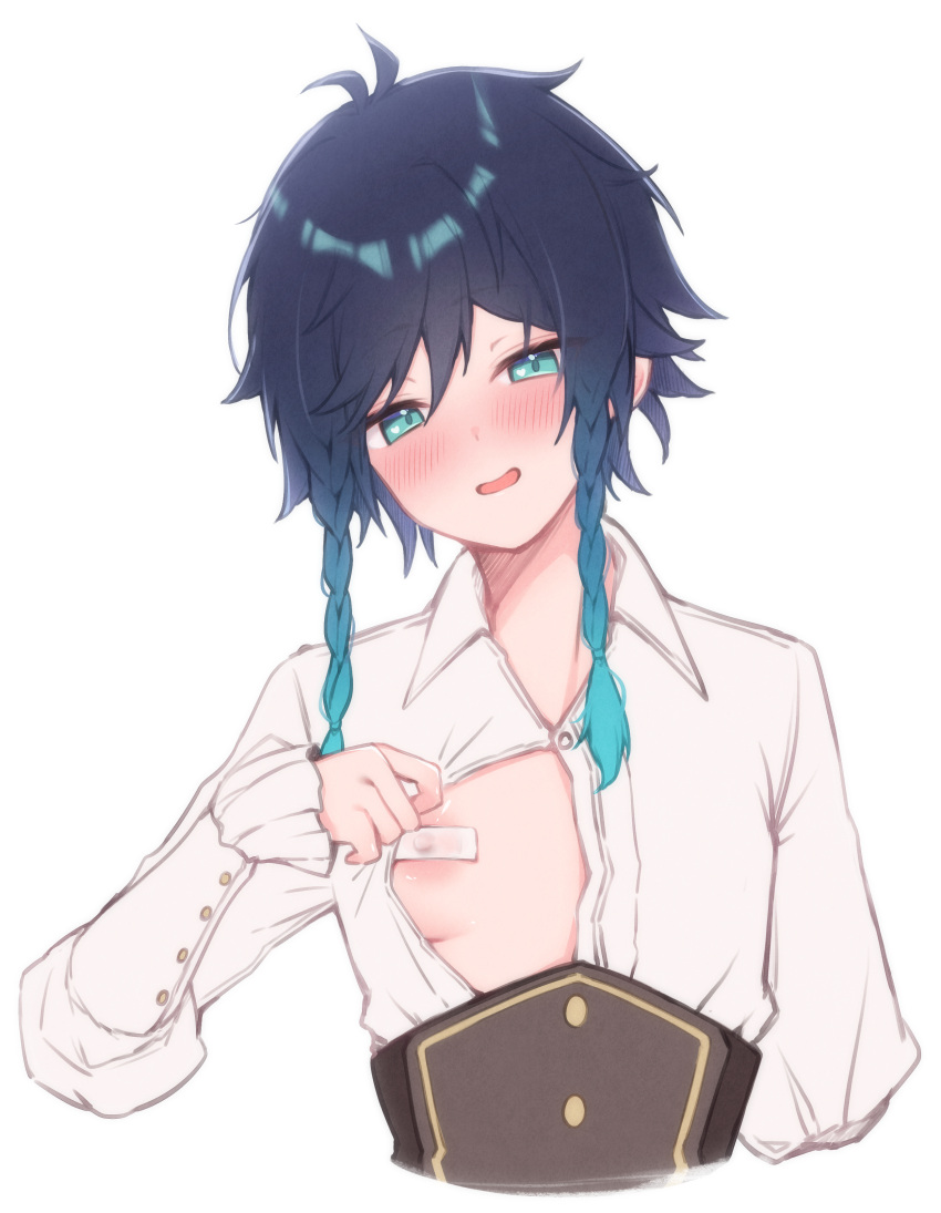 1boy absurdres aqua_eyes aqua_hair areola_slip blue_hair blush braided_sidelock clothes_pull collared_shirt commentary cropped_torso earrings frilled_sleeves frills genshin_impact gradient_hair hair_between_eyes highres jewelry large_areolae long_sleeves looking_at_viewer male_focus momochiwood multicolored_hair open_mouth otoko_no_ko partially_unbuttoned pasties puffy_chest puffy_long_sleeves puffy_sleeves shirt shirt_pull short_hair_with_long_locks solo symbol-only_commentary upper_body venti_(genshin_impact) white_shirt