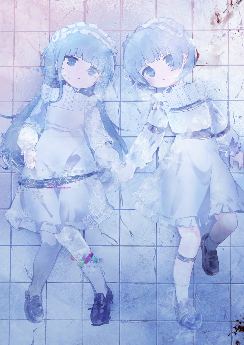 2girls absurdres black_footwear blood blood_on_ground blue_eyes blue_hair dress glitch highres holding_hands indie_virtual_youtuber loafers long_hair long_sleeves looking_at_viewer lying multiple_girls on_back pantyhose parted_lips project_upd8 shoes short_hair side-by-side somunia tile_floor tiles virtual_youtuber white_dress white_headdress white_pantyhose wotoha wotoha_(character)