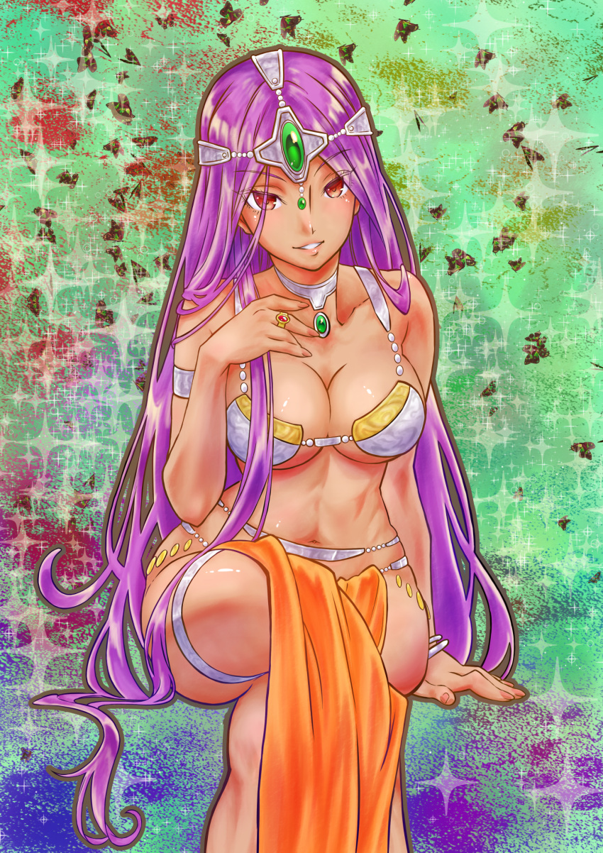 breasts bug butterfly choker cleavage commentary_request crossed_legs dancer dark-skinned_female dark_skin dragon_quest dragon_quest_iv female highres long_hair looking_at_viewer manya_(dq4) metal_bikini navel oota_kazuhiro parted_hair pelvic_curtain purple_hair red_eyes silver_bracelet silver_circlet silver_thighlet sitting smile solo sparkle underboob very_long_hair wide_hips