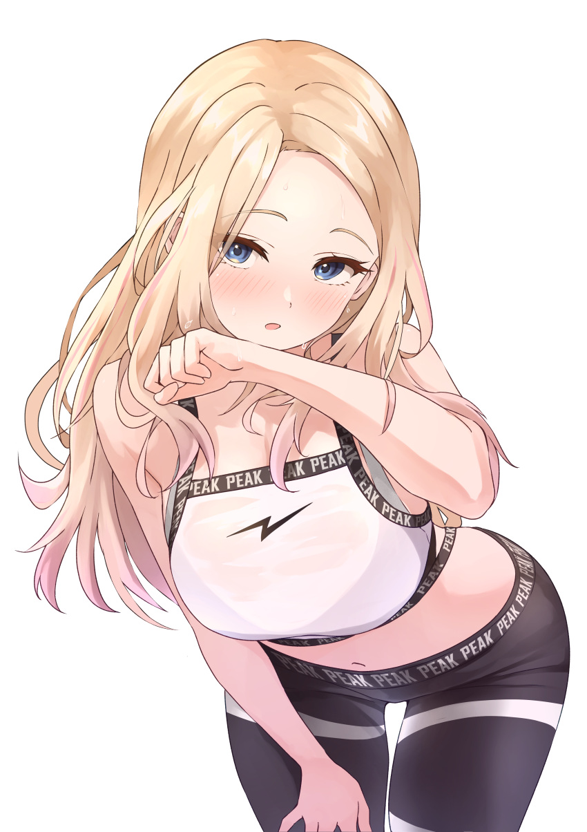 absurdres b1ack_illust black_leggings blonde_hair blue_eyes blush breasts female gakuen_idolmaster gradient_hair highres idolmaster juo_sena leaning_forward leggings long_hair looking_at_viewer medium_breasts midriff multicolored_hair navel pink_hair shirt simple_background solo sweat very_long_hair wet wet_clothes wet_shirt white_background