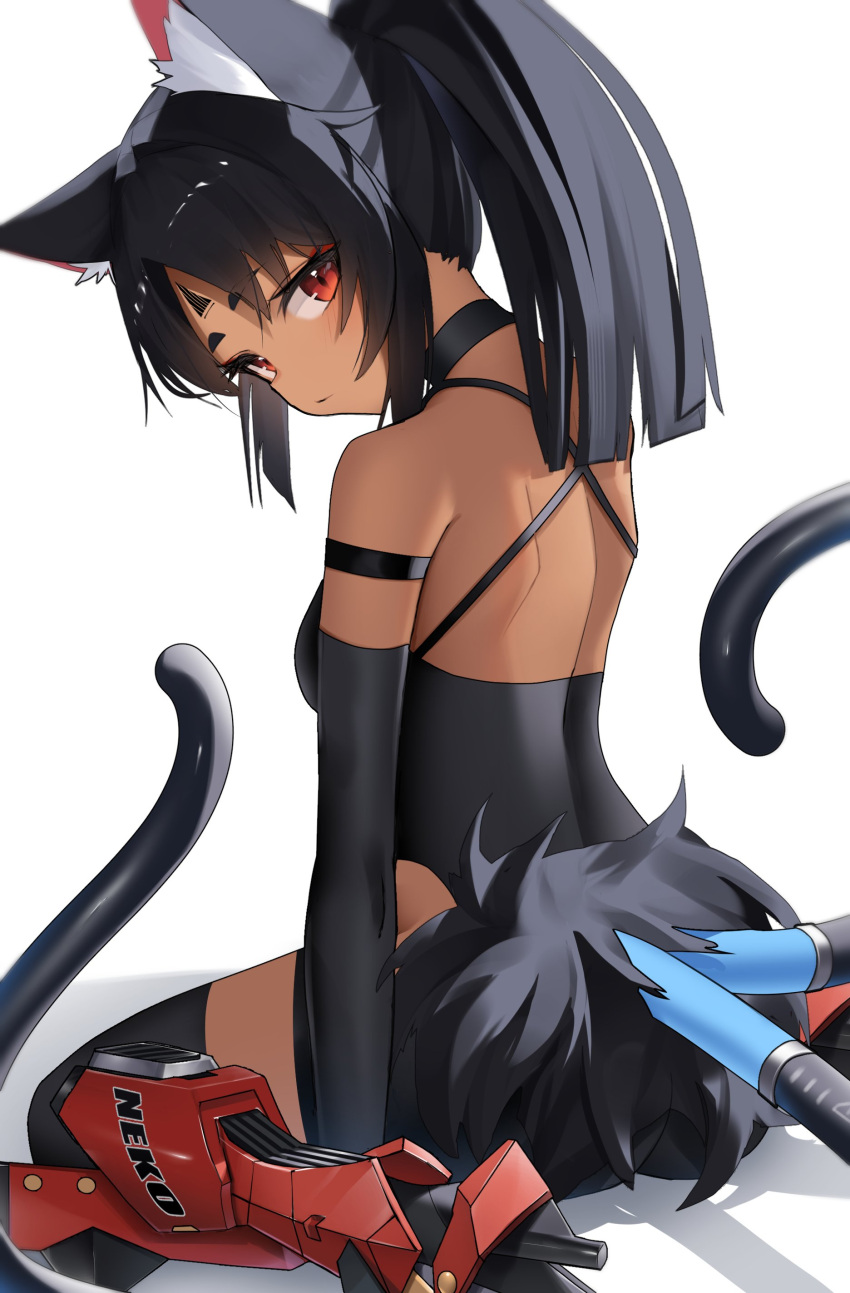 absurdres animal_ears black_hair black_sleeves black_unitard cable cable_tail cat_ears cat_girl cat_tail closed_mouth dark_skin facial_mark female forehead_mark forehead_tattoo highres looking_at_viewer looking_back mechanical_tail multiple_tails nekomiya_mana ponytail red_eyes scapula sitting solo tail thomas_8000 triangle_facial_mark two_tails wariza white_background zenless_zone_zero