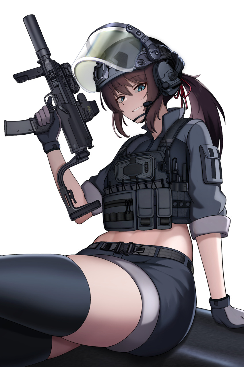 ammunition_pouch black_gloves black_shorts black_thighhighs blue_eyes breasts brown_hair cellphone cero_(last2stage) combat_helmet commission cropped_jacket ear_protection female finger_on_trigger flashlight gloves gun h&k_mp7 hair_between_eyes helmet highres holding holding_plate holding_weapon large_breasts laser_sight looking_at_viewer microphone midriff navel open_mouth optical_sight original phone plate ponytail pouch radio short_shorts shorts sitting sleeves_rolled_up smile solo submachine_gun suppressor termichan_(not-a-bot) thighhighs weapon