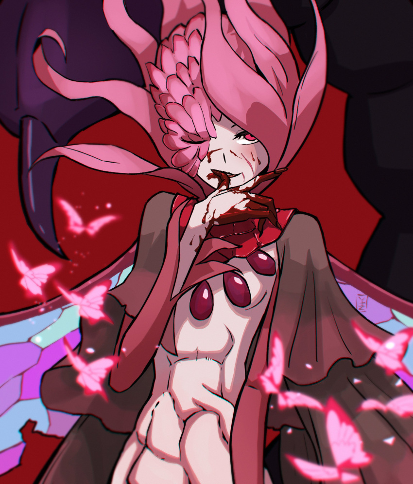 absurdres arthropod_girl blood blood_on_face bug butterfly centipede centipede_girl elden_ring elden_ring:_shadow_of_the_erdtree female flower hashtag-only_commentary highres insect_wings licking_blood monster_girl one_eye_closed pink_butterfly pink_eyes pink_flower romina_saint_of_the_bud solo wings yakutzan