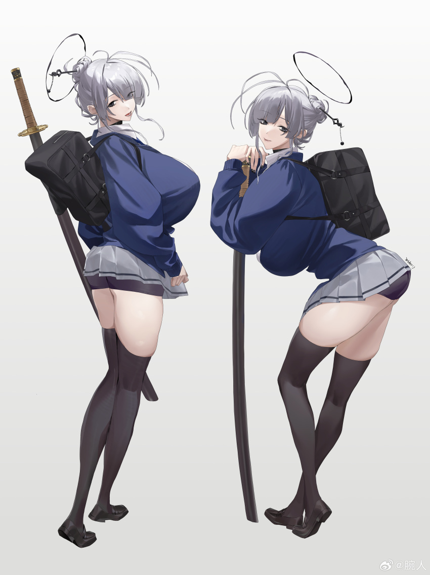 absurdres bag breasts cardigan choker collared_shirt female grey_hair hair_ornament hairpin halo highres holding holding_sword holding_weapon huge_breasts itokonoue_kaoru katana leaning_forward looking_at_viewer multiple_views project_kv shirt simple_background skirt sweater sword wanren_(whter11) weapon weibo_logo weibo_watermark zettai_ryouiki