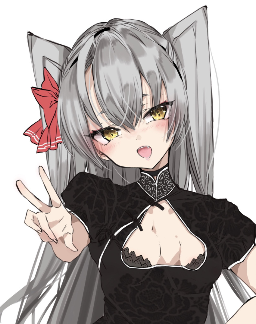 alternate_costume amatsukaze_(kancolle) black_bra black_dress bra breasts chigasaki_yukari china_dress chinese_clothes dress female grey_hair hand_on_own_hip highres kantai_collection open_mouth simple_background small_breasts smile solo two_side_up underwear upper_body v white_background yellow_eyes