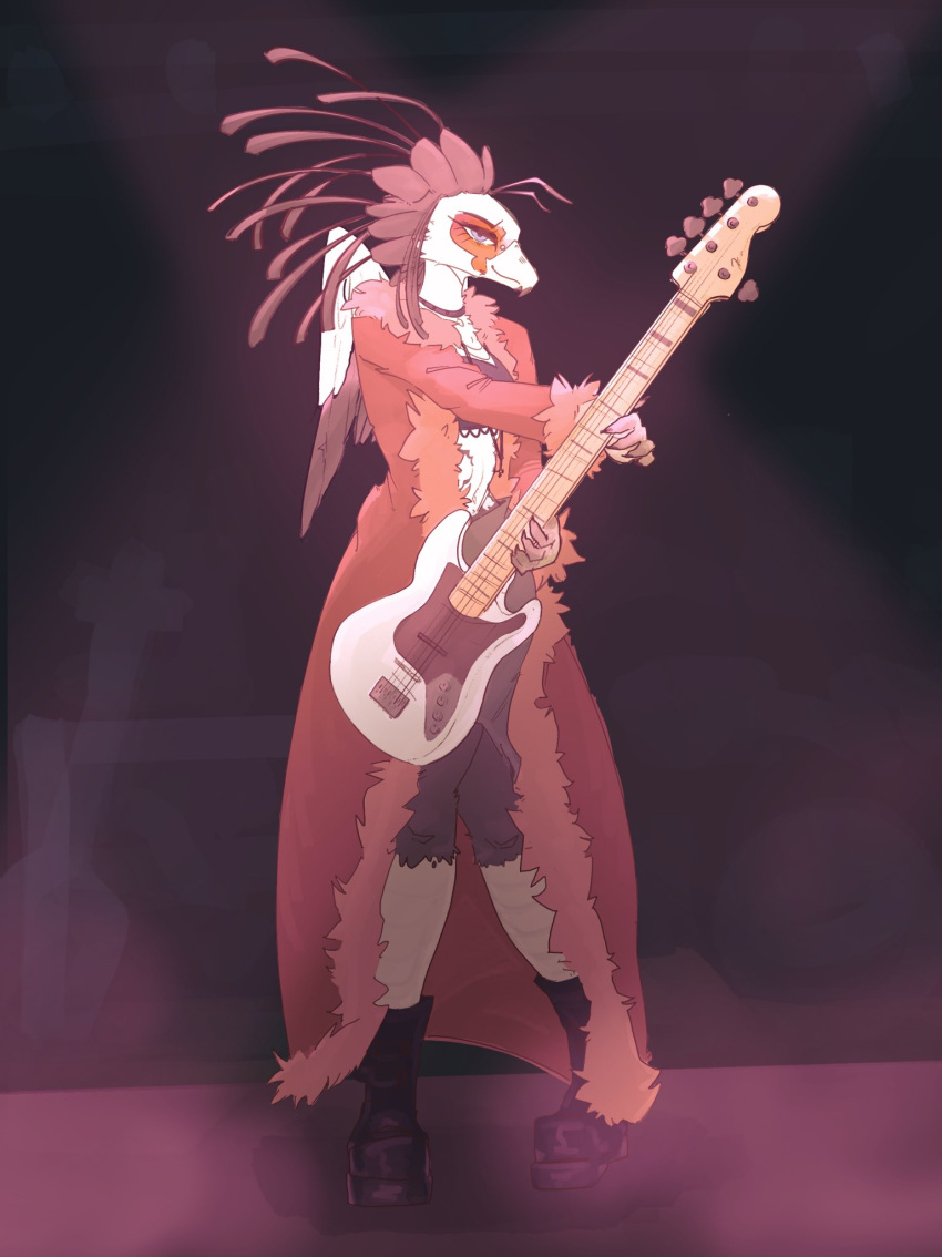 2024 accipitriform anthro avian beak bird boots clothed clothed_anthro clothing digital_media_(artwork) electric_guitar eyelashes feathers female female_anthro fingers footwear front_view full-length_portrait guitar hi_res holding_guitar holding_musical_instrument holding_object looking_at_viewer lucille_(jlate99) musical_instrument musician narrowed_eyes plucked_string_instrument portrait secretary_bird shoes solo stage stage_lights standing string_instrument titanogoro