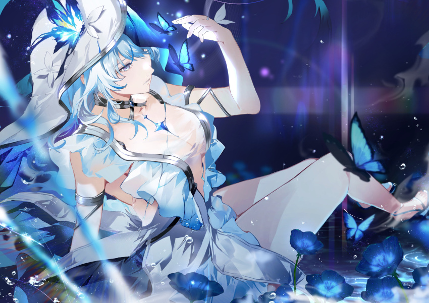 absurdres armlet bare_legs blue_butterfly blue_eyes blue_flower blue_hair blue_veil breasts bug butterfly cino_(cappuccino) collarbone dress female flower hand_up highres jewelry large_breasts legs long_hair parted_lips sitting sleeveless sleeveless_dress solo the_shorekeeper_(wuthering_waves) toes veil water white_dress white_veil wuthering_waves