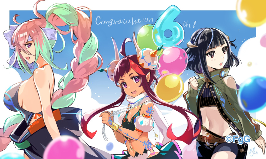 3girls anniversary arm_tattoo balloon belt black_hair blue_sky blunt_bangs braid breasts brown_belt clothing_cutout cropped_jacket dark-skinned_female dark_skin day evelika_(ta_ga_tame_no_alchemist) from_side glowing_tattoo green_hair green_jacket highres jacket large_breasts long_braid looking_at_viewer midriff multiple_girls nakatsun_(gumi) oerba_yun_fang official_art pink_hair profile purple_eyes rahu_(ta_ga_tame_no_alchemist) scarf second-party_source shorts shoulder_cutout shoulder_tattoo signature single_braid skin_fang sky small_breasts suiran_(ta_ga_tame_no_alchemist) ta_ga_tame_no_alchemist tattoo white_scarf