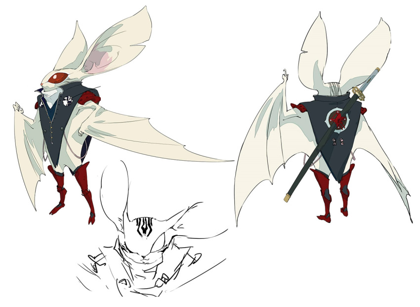 anthro bat boots bottomless bottomless_male clothed clothing condylonucla footwear fur heismay_noctule katana long_ears male mammal melee_weapon metaphor:_refantazio plantigrade poncho red_eyes shoes solo sword weapon white_body white_fur wings