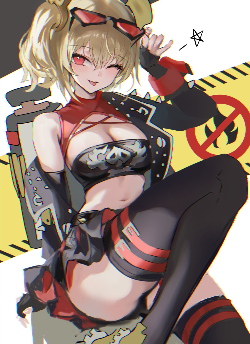 absurdres black_jacket black_thighhighs black_tube_top blonde_hair breasts burnice_white cleavage commentary eyewear_on_head female highres jacket large_breasts miniskirt navel one_eye_closed open_mouth r0_0ong red_eyes short_hair skirt solo stomach strapless thighhighs thighs tongue tongue_out tube_top twintails two-tone_background zenless_zone_zero