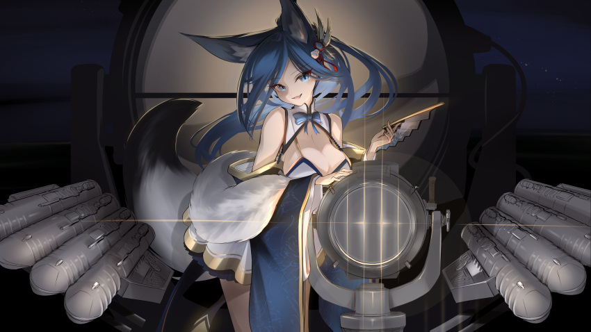 absurdres alternate_costume animal_ear_fluff animal_ears azur_lane bare_shoulders blue_eyes blue_hair breasts cleavage dress female folding_fan gold_trim hair_ornament hand_fan highres holding holding_fan jintsuu_(azur_lane) large_breasts long_hair long_sleeves looking_at_viewer ryosuke1225 solo torpedo_tubes very_long_hair white_dress wide_sleeves