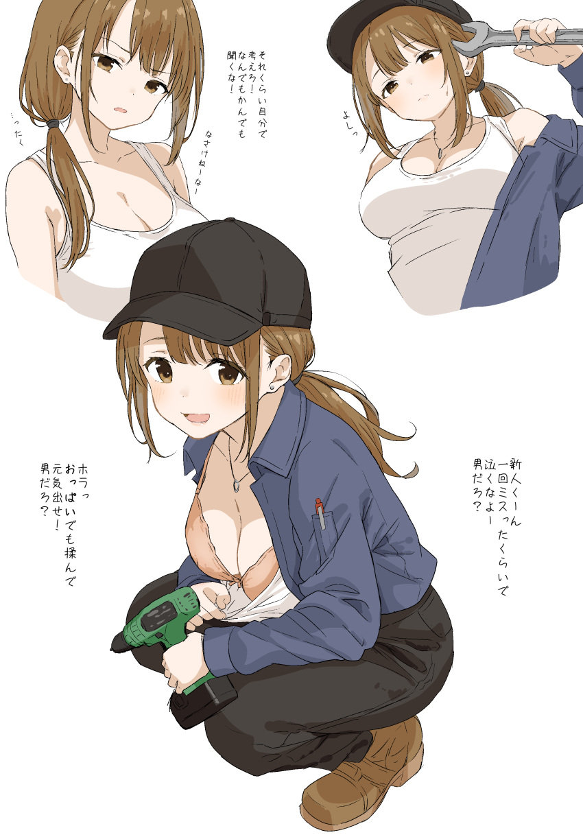 absurdres aki_(yunkana) baseball_cap blue_jacket blush bra breasts brown_eyes brown_hair cleavage clothes_pull collarbone earrings female glaring hat highres holding holding_power_drill holding_wrench jacket jewelry large_breasts long_hair looking_at_viewer multiple_views necklace open_clothes open_jacket open_mouth original pen_in_pocket ponytail power_drill shirt_pull smile squatting strap_gap tank_top translation_request underwear white_background white_tank_top wrench