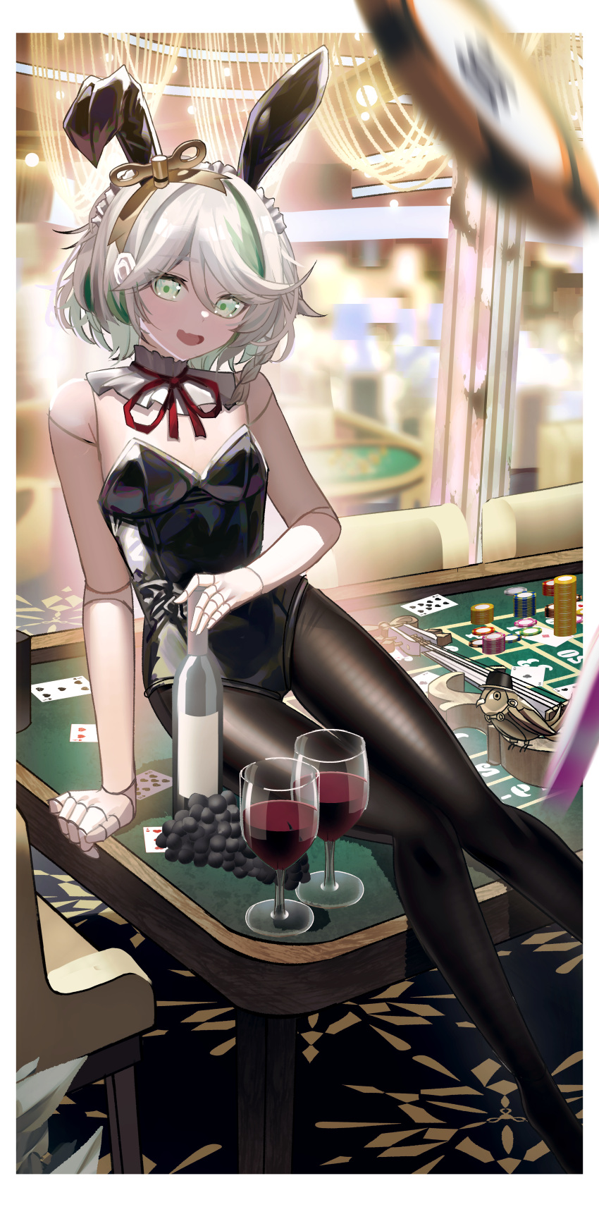 absurdres alcohol alternate_costume animal_ears bare_shoulders black_leotard black_pantyhose border bottle bow bowtie breasts card casino cecilia_immergreen chair collar commentary cup detached_collar doll_joints drinking_glass fake_animal_ears female food frilled_collar frills fruit grapes green_eyes green_hair grey_hair highres hololive hololive_english indoors instrument joints leotard looking_at_viewer maio05321 multicolored_hair on_table open_mouth pantyhose playboy_bunny playing_card poker_chip rabbit_ears red_bow red_bowtie red_ribbon red_wine ribbon short_hair sitting small_breasts solo strapless strapless_leotard streaked_hair table violin virtual_youtuber white_border winding_key wine wine_bottle wine_glass