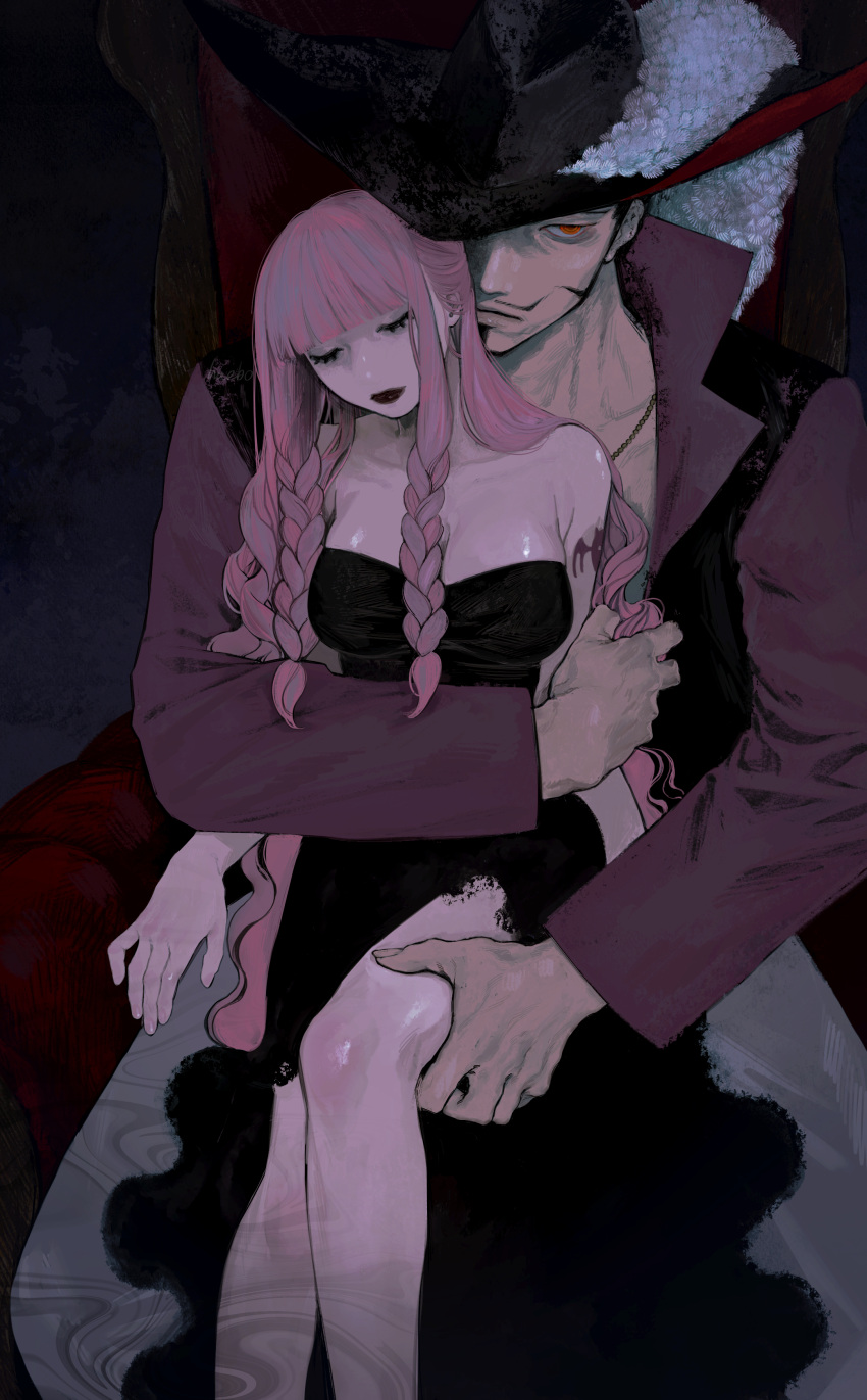 1boy absurdres alternate_eye_color black_dress black_hair breasts commentary_request dark dracule_mihawk dress facial_hair female haebo_(haebo) hat highres hug hug_from_behind large_breasts long_hair looking_at_viewer moustache one_piece pencil_mustache perona pink_hair red_eyes short_hair sitting sitting_on_lap sitting_on_person straight thigh_grab unconscious