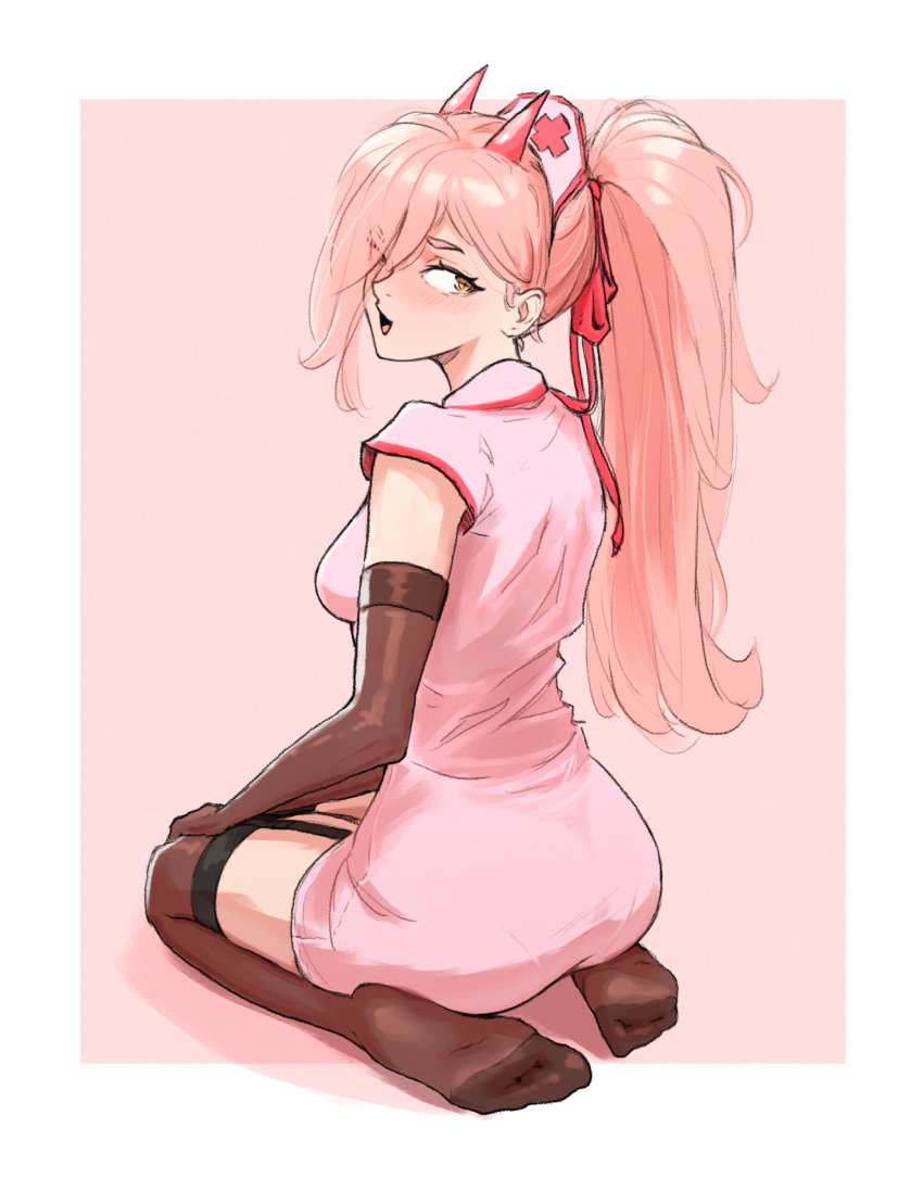 absurdres alternate_costume alternate_hairstyle ass blush border breasts brown_gloves brown_thighhighs chainsaw_man demon_horns dress elbow_gloves feet female full_body garter_straps gloves hair_over_one_eye hair_ribbon hat highres horns long_hair looking_at_viewer looking_back medium_breasts neas57 no_shoes nurse nurse_cap on_ground open_mouth pink_background pink_dress pink_hair pink_horns ponytail power_(chainsaw_man) red_ribbon ribbon seiza shadow short_dress short_sleeves sitting soles solo symbol-shaped_pupils thighhighs toes very_long_hair white_border yellow_eyes